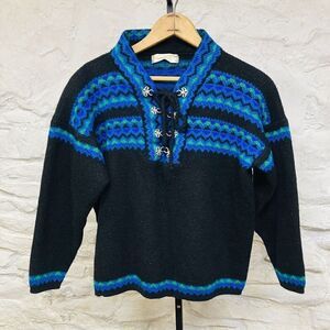 Figgjo Sweater Womens Virgin Wool Made in Norway Nomadic Lace Up Black Blue